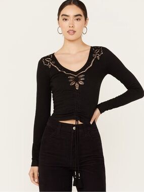 Shyanne Black Long Sleeve Crocheted Cutout V-Neck Ruched Tie Top Western